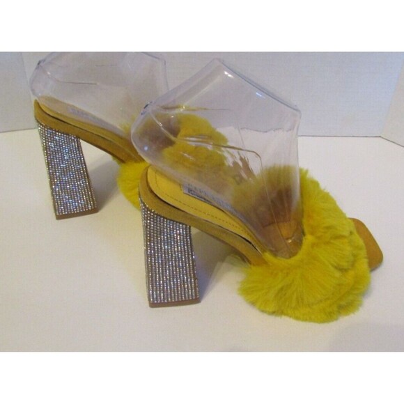 Cape Robbin Heels Yellow Plush Fluffy Rhinestone Heels Sherpa Mules Womens Sz 8 - Picture 8 of 10